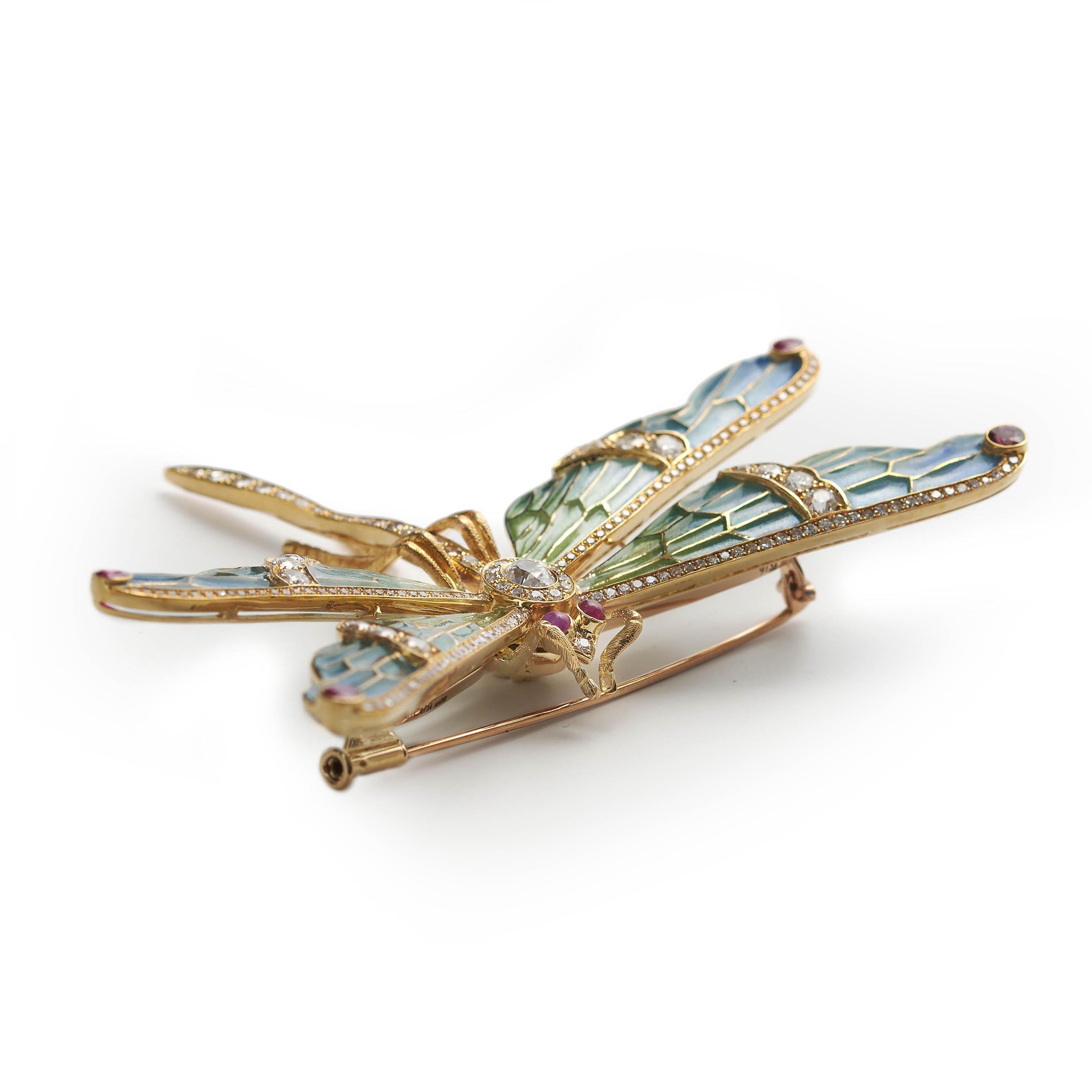 Round Cut Modern Plique À Jour Enamel, Ruby, Diamond and Gold Dragonfly Brooch For Sale