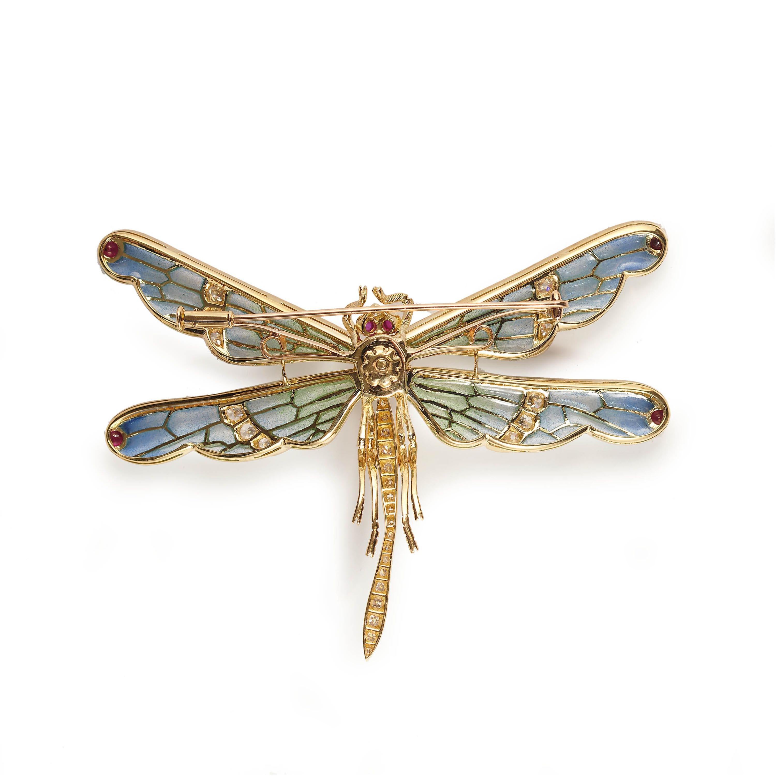 Round Cut Modern Plique À Jour Enamel, Ruby, Diamond and Gold Dragonfly Brooch For Sale