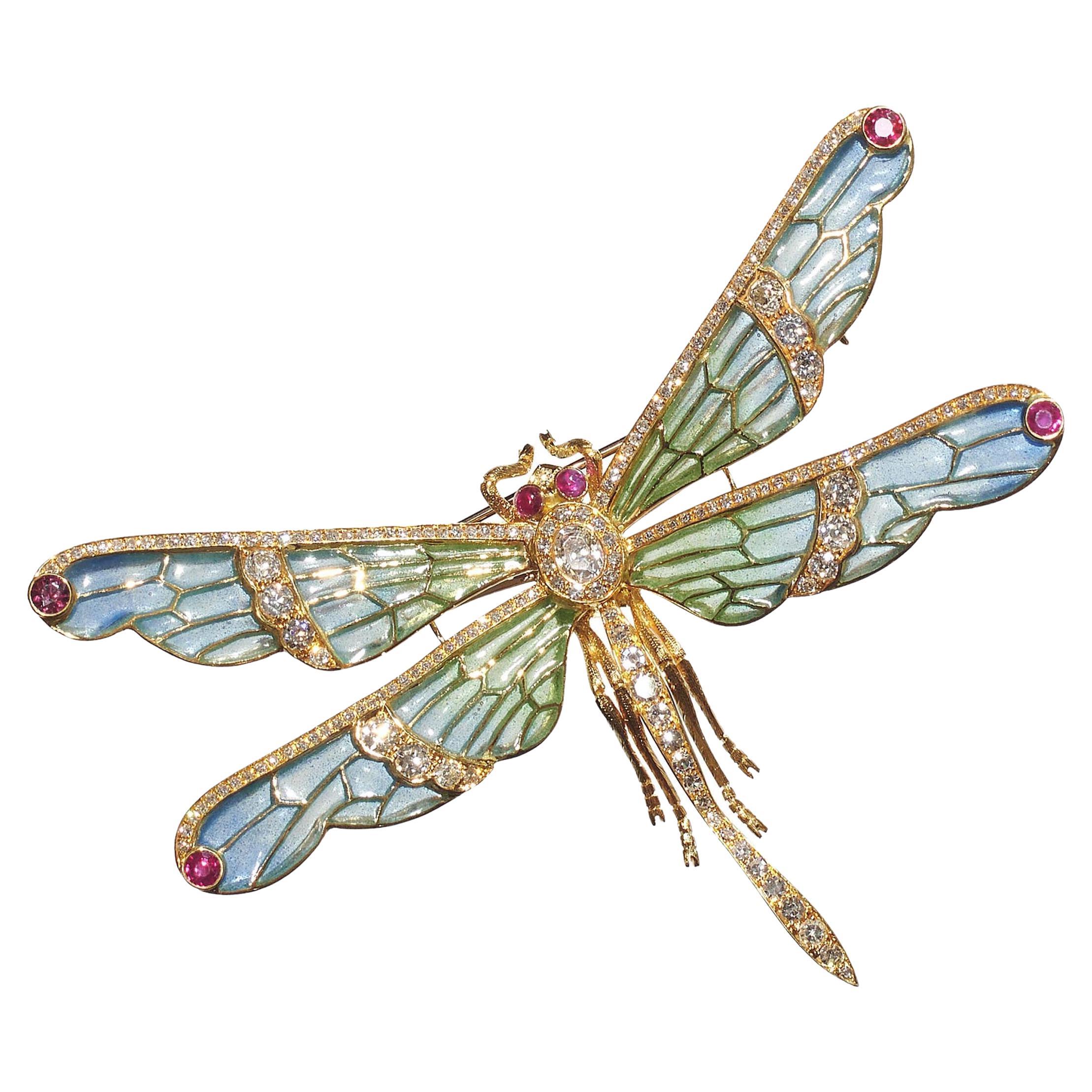 Modern Plique À Jour Enamel, Ruby, Diamond and Gold Dragonfly Brooch For Sale