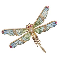 Modern Plique À Jour Enamel, Ruby, Diamond and Gold Dragonfly Brooch