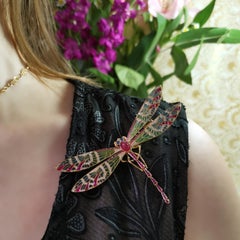 Modern Plique À Jour Enamel, Ruby, Diamond, Sapphire and Gold Dragonfly Brooch