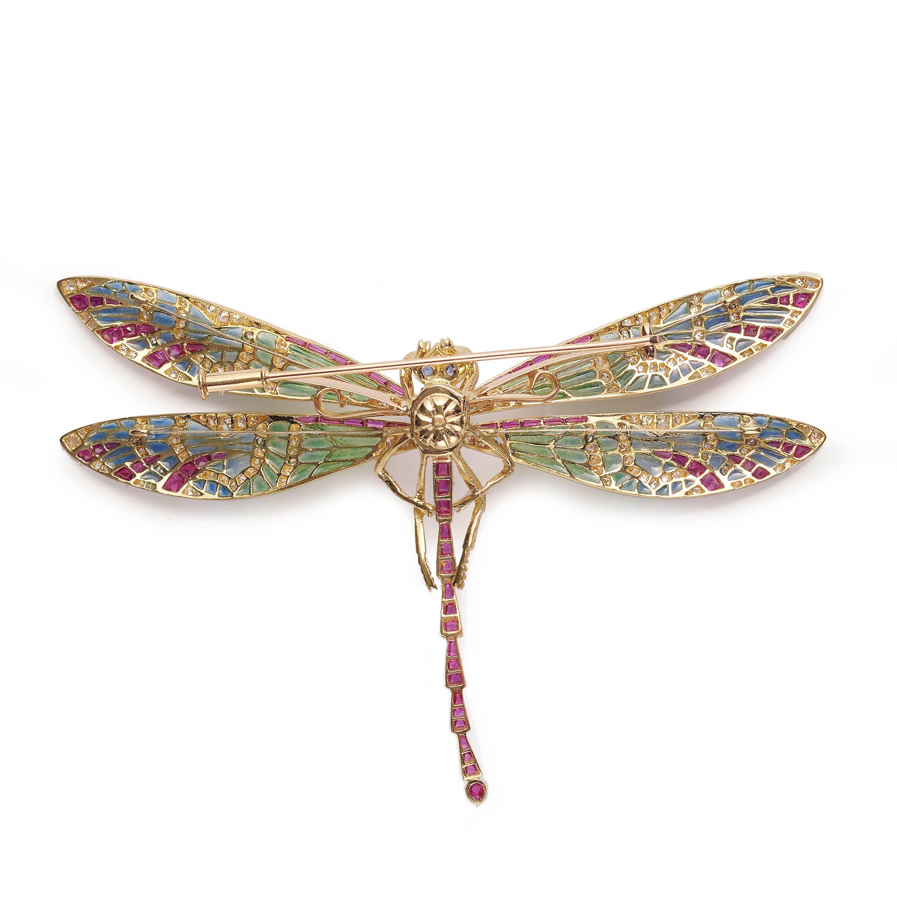 Modern Plique À Jour Enamel, Ruby, Diamond, Sapphire and Gold Dragonfly Brooch In New Condition For Sale In London, GB