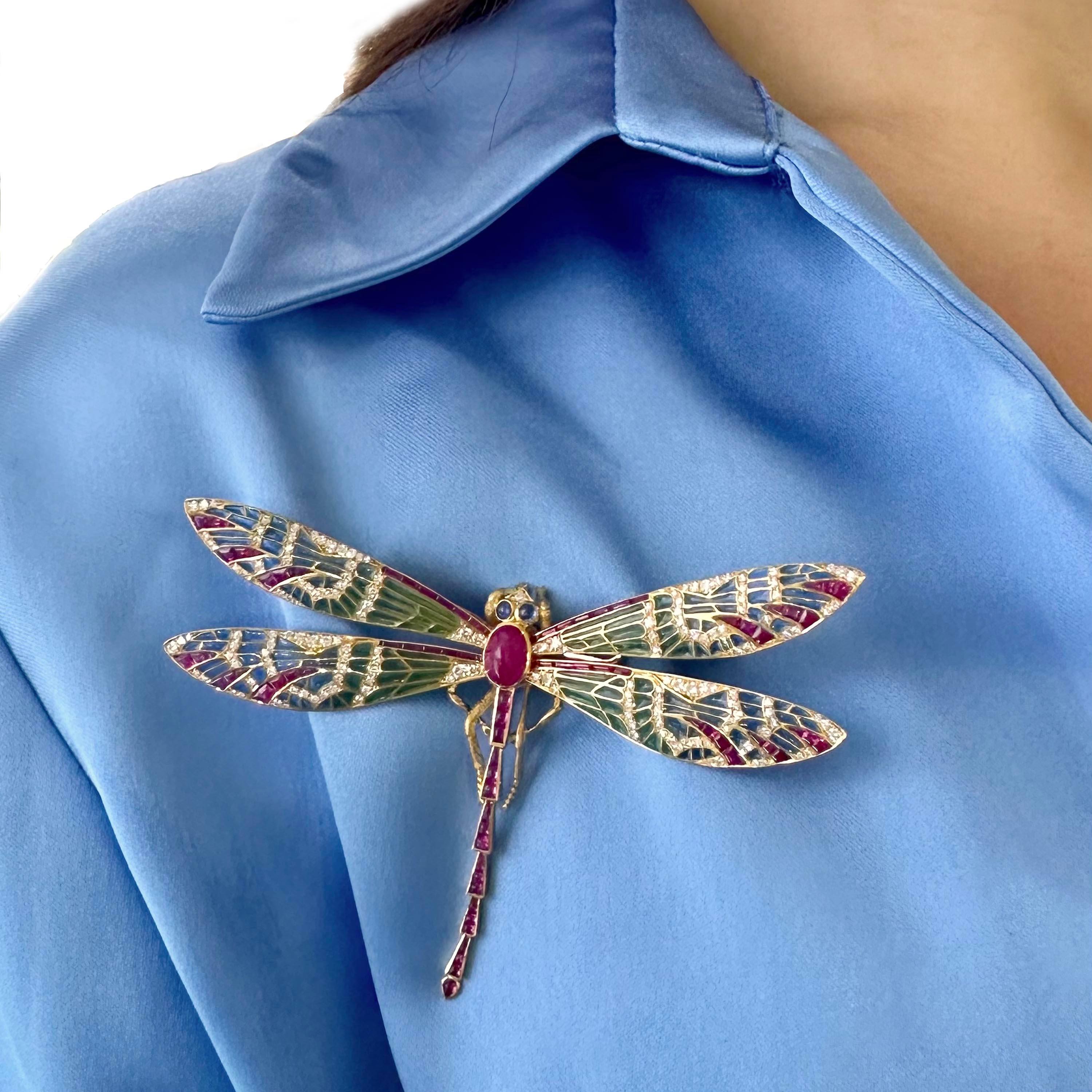 Cabochon Modern Plique À Jour Enamel, Ruby, Diamond, Sapphire and Gold Dragonfly Brooch For Sale