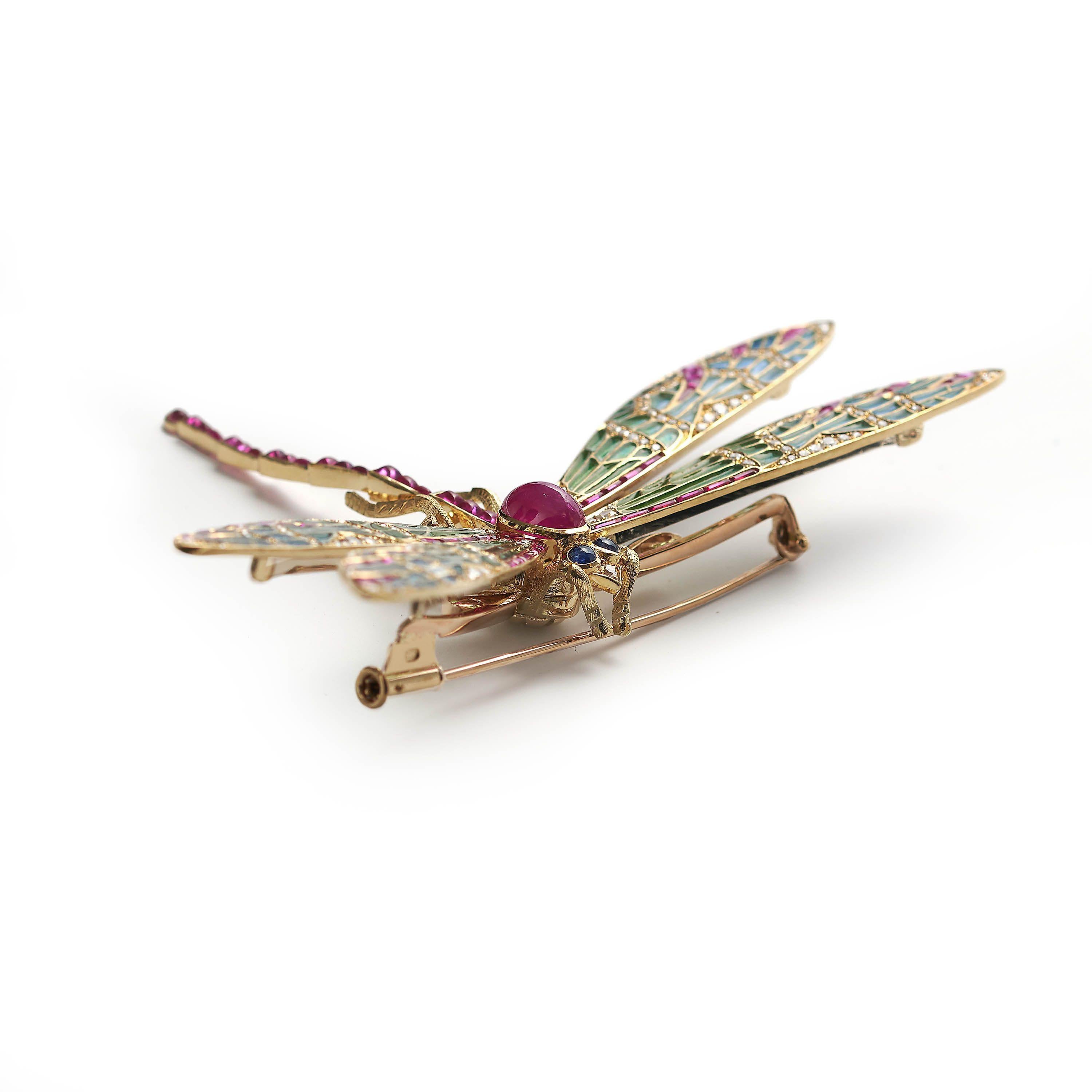 Modern Plique À Jour Enamel, Ruby, Diamond, Sapphire and Gold Dragonfly Brooch In New Condition For Sale In London, GB