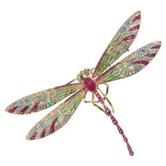 Modern Plique À Jour Enamel, Ruby, Diamond, Sapphire and Gold Dragonfly Brooch