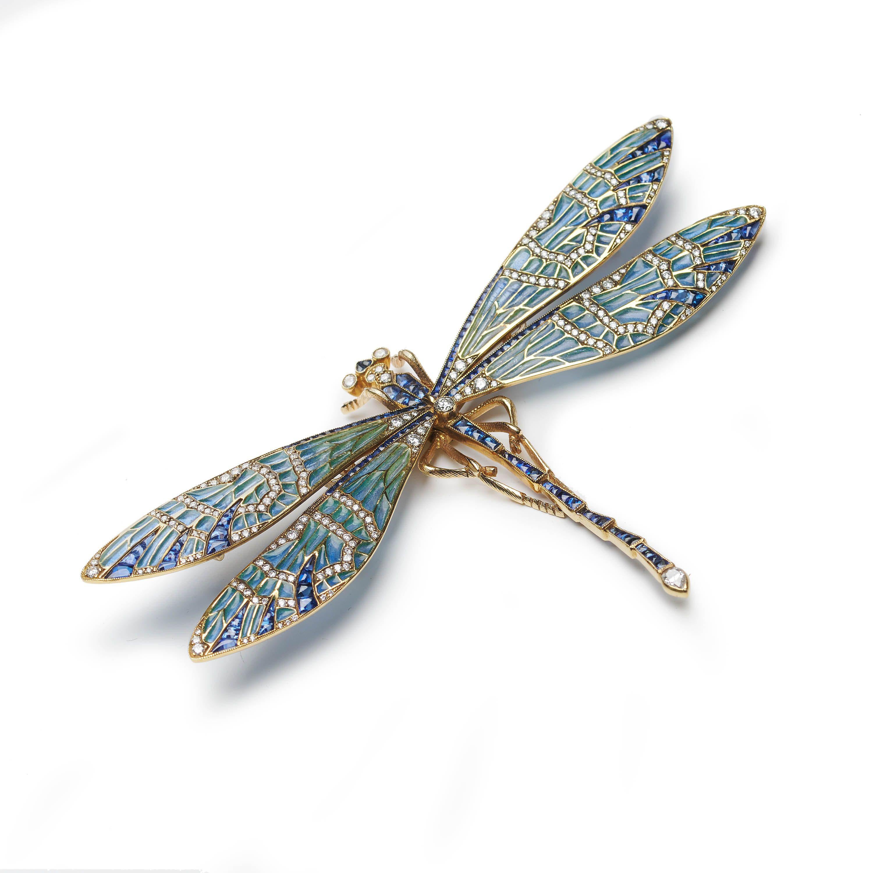 Brilliant Cut Modern Plique À Jour Enamel, Sapphire, Diamond And Gold Dragonfly Brooch For Sale