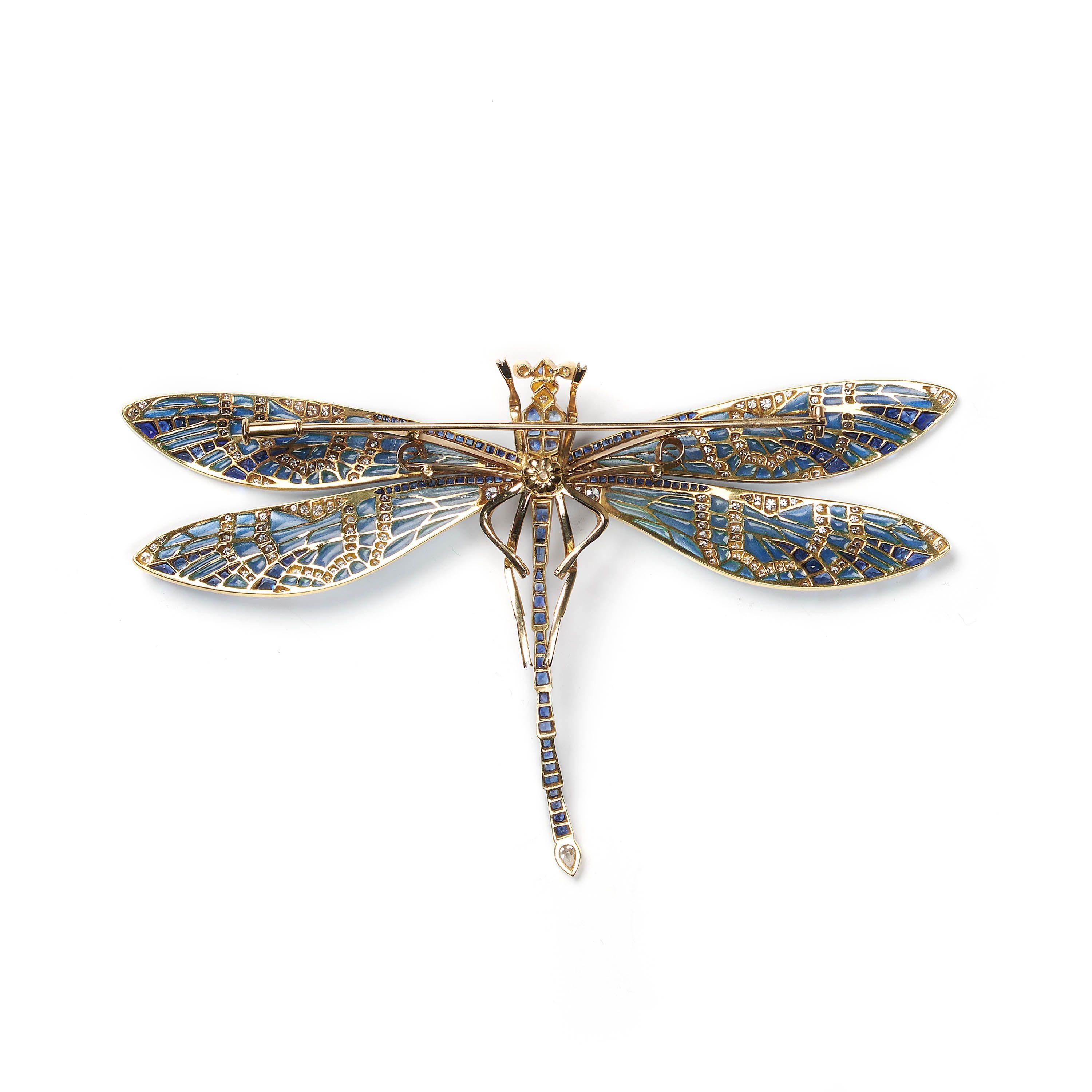 Brilliant Cut Modern Plique À Jour Enamel, Sapphire, Diamond And Gold Dragonfly Brooch For Sale
