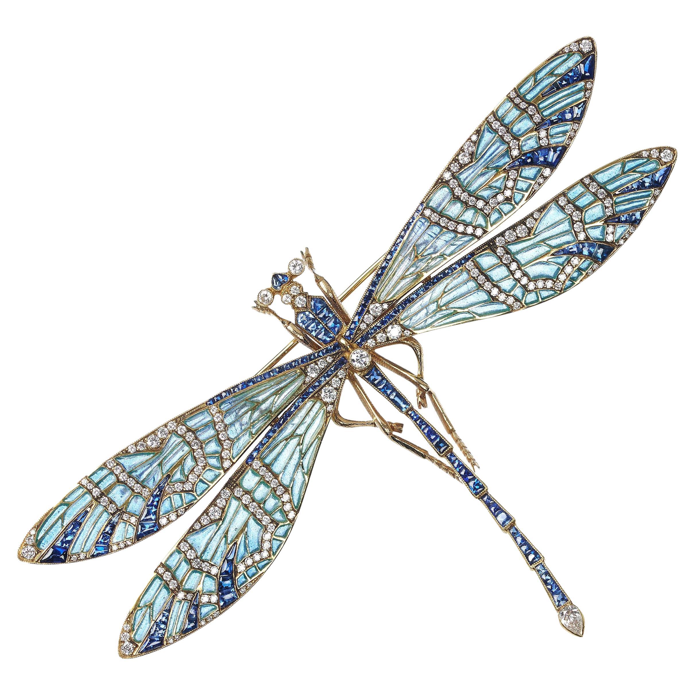 Modern Plique À Jour Enamel, Sapphire, Diamond And Gold Dragonfly Brooch For Sale