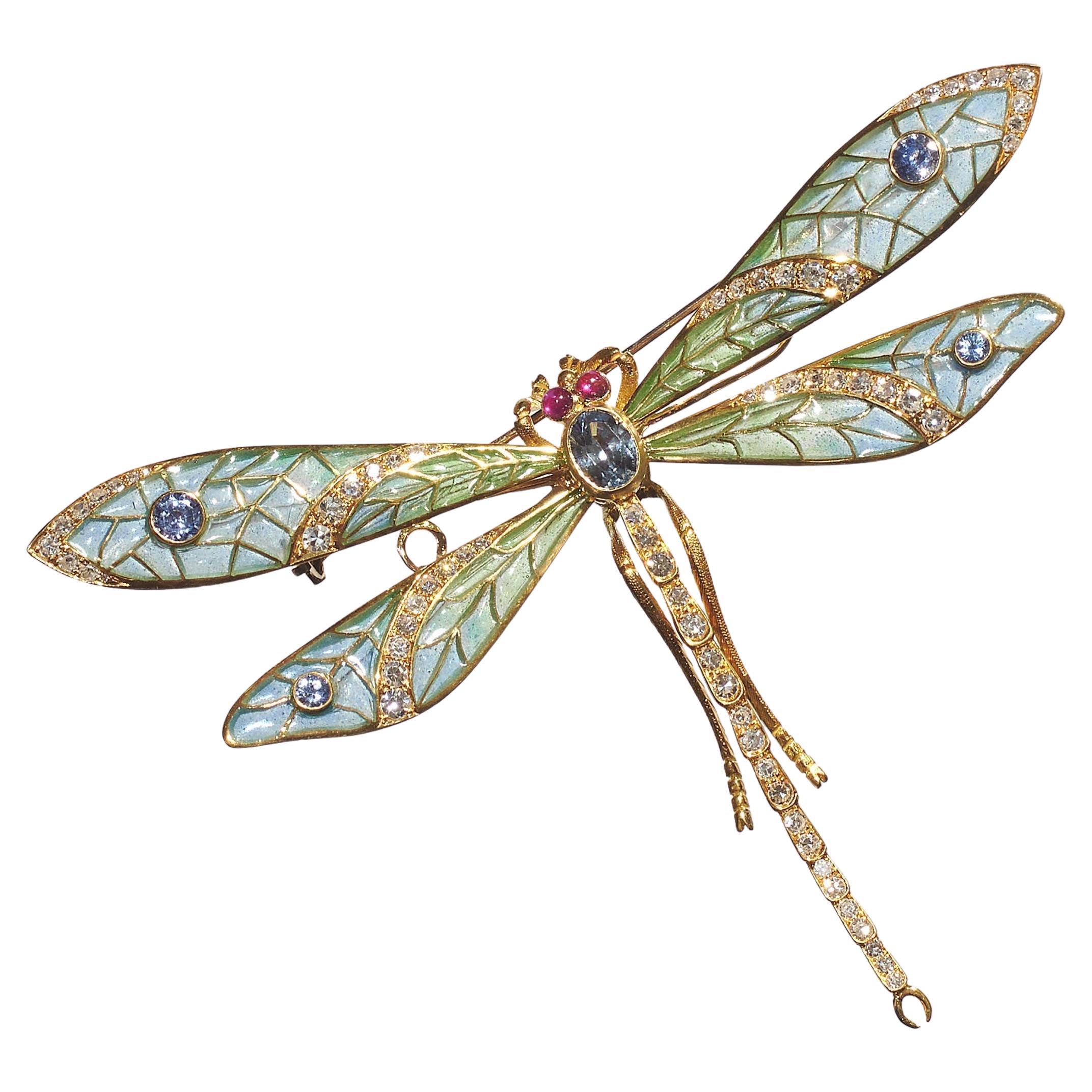 Moderne Plique à Jour Emaille, Saphir, Diamant, Rubin und Gold Libelle Brosche