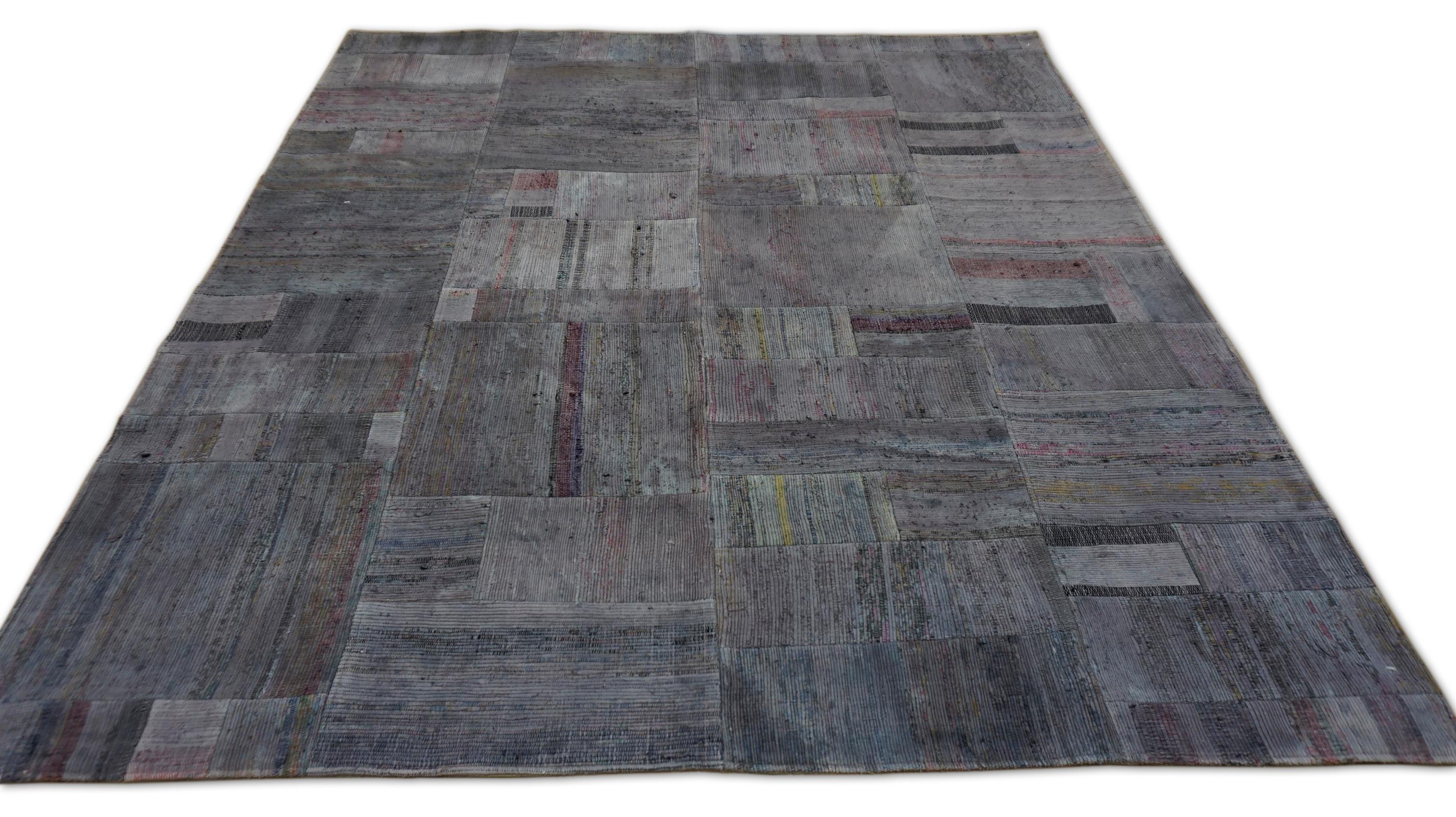 Hand-Woven Modern Plum Grey 5'4''x5'11'' Vintage Patchwork Rug Circa 1960 For Sale