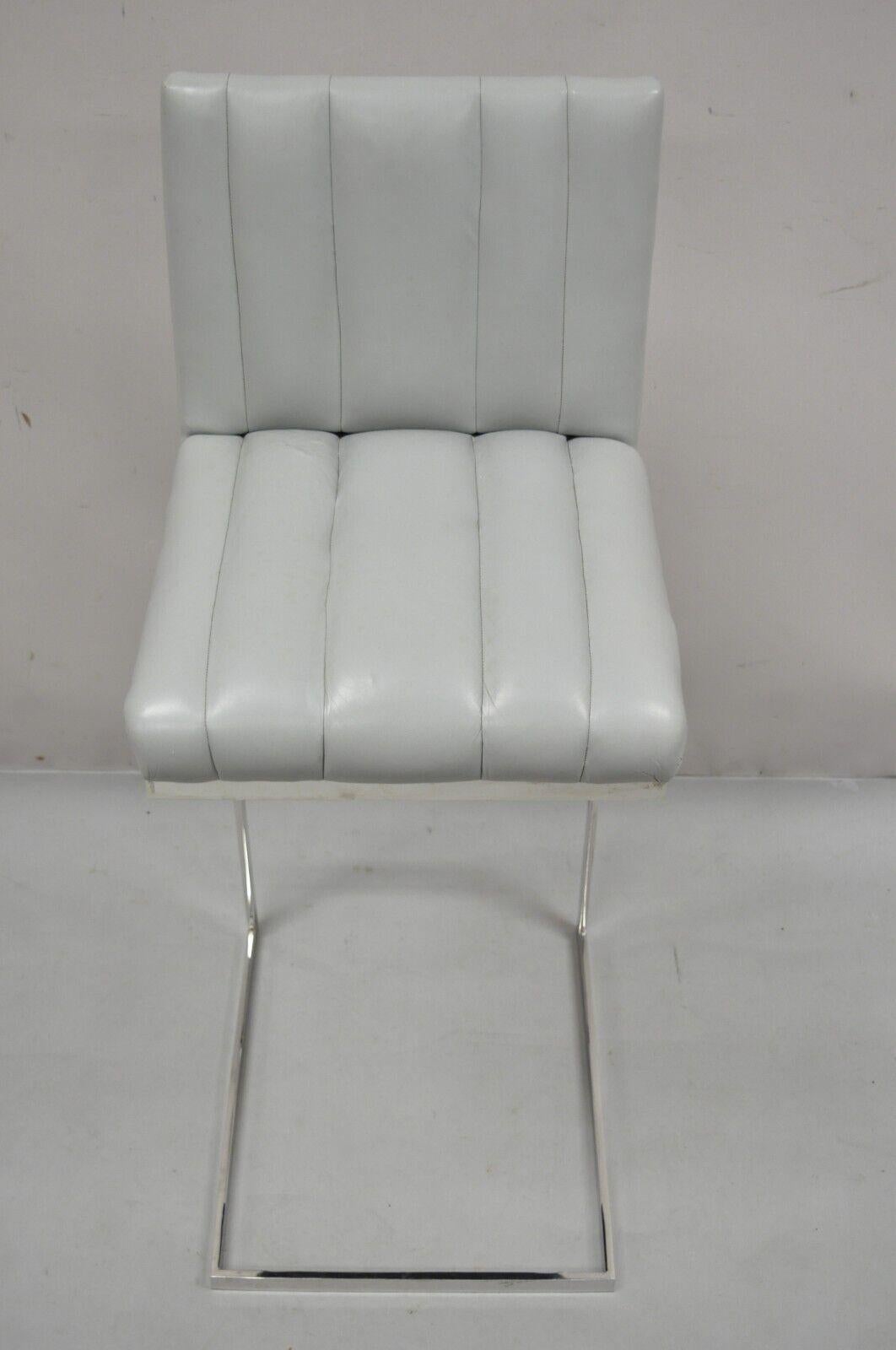 Modern Polished Chrome Gray Channel Leather Upholstered Bar Stool Chair In Good Condition For Sale In Philadelphia, PA