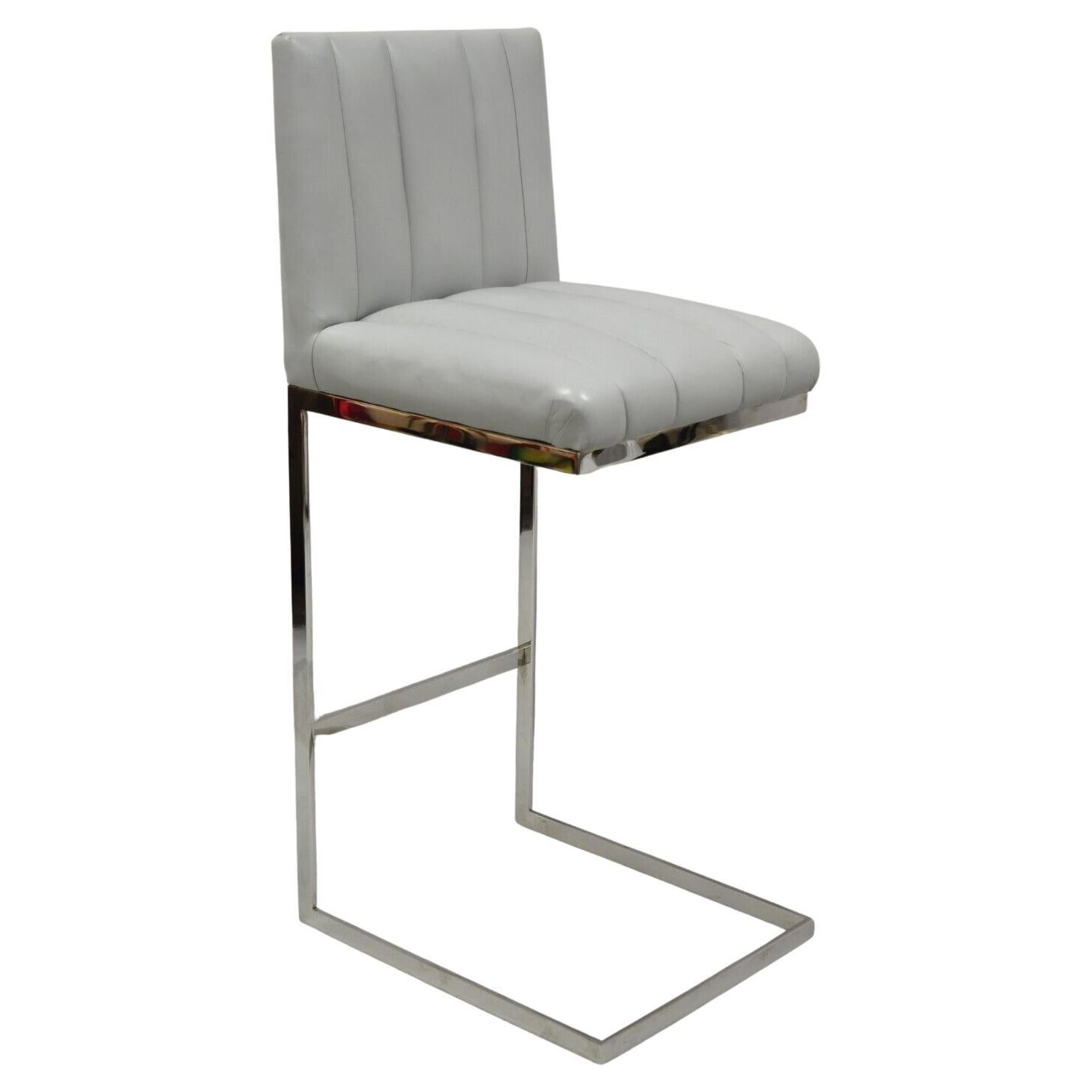 Modern Polished Chrome Gray Channel Leather Upholstered Bar Stool Chair For Sale
