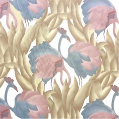 Modern Polished Cotton Fabric With Tropical Flamingo Design, 9 Yards Total
