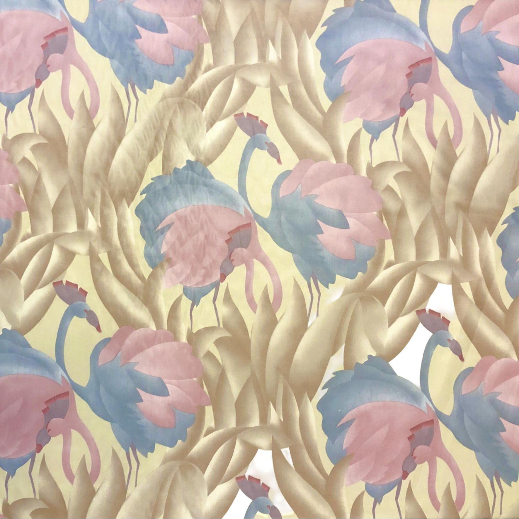 American Modern Polished Cotton Fabric With Tropical Flamingo Design, 9 Yards Total For Sale