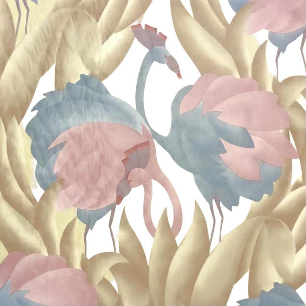 Modern Polished Cotton Fabric With Tropical Flamingo Design, 9 Yards Total In Excellent Condition For Sale In Van Nuys, CA