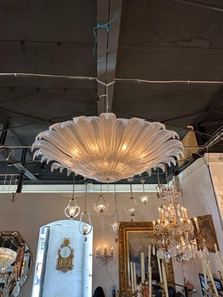 Exceptional large scale modern polished frosted Murano glass flush mount chandelier. Creates a gorgeous image with it's beautiful layered flower like leaves. Stunning!!