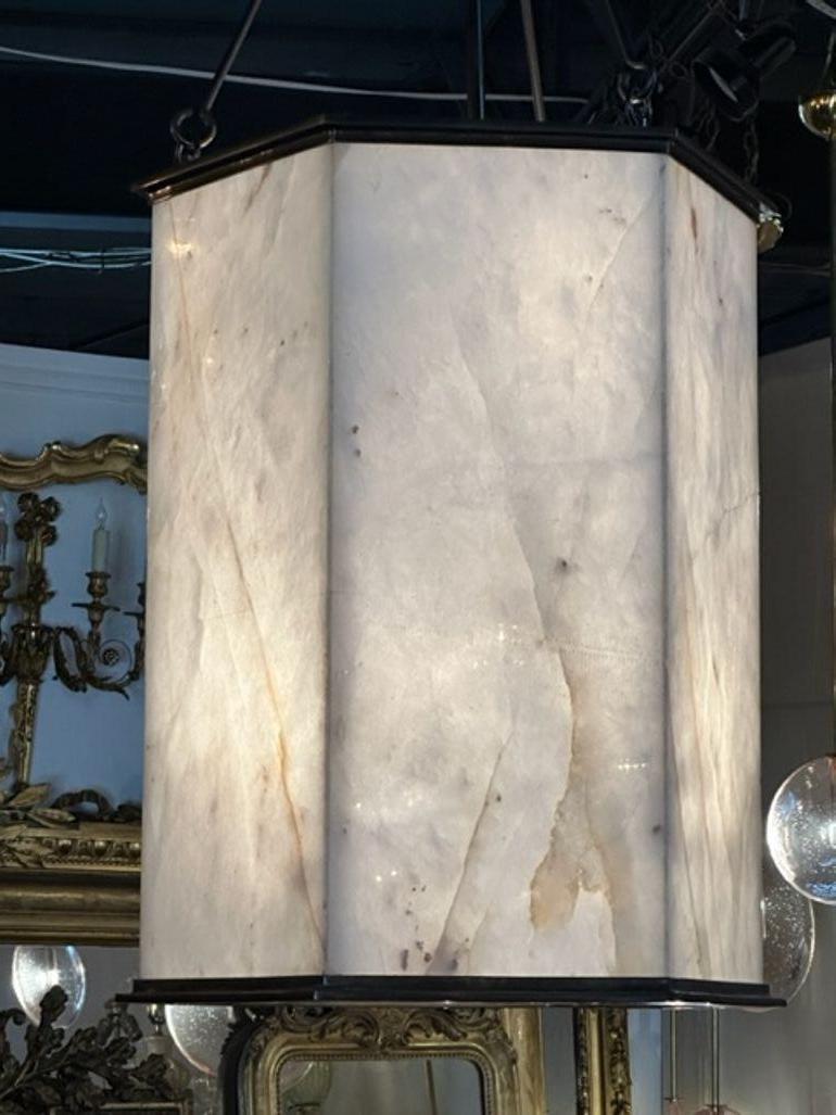 Modern Polished Rock Crystal and Bronze Large Scale Lantern In Good Condition For Sale In Dallas, TX
