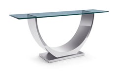 Modern polished Stainless Steel Console Table Designed by Greg Sheres. In Stock