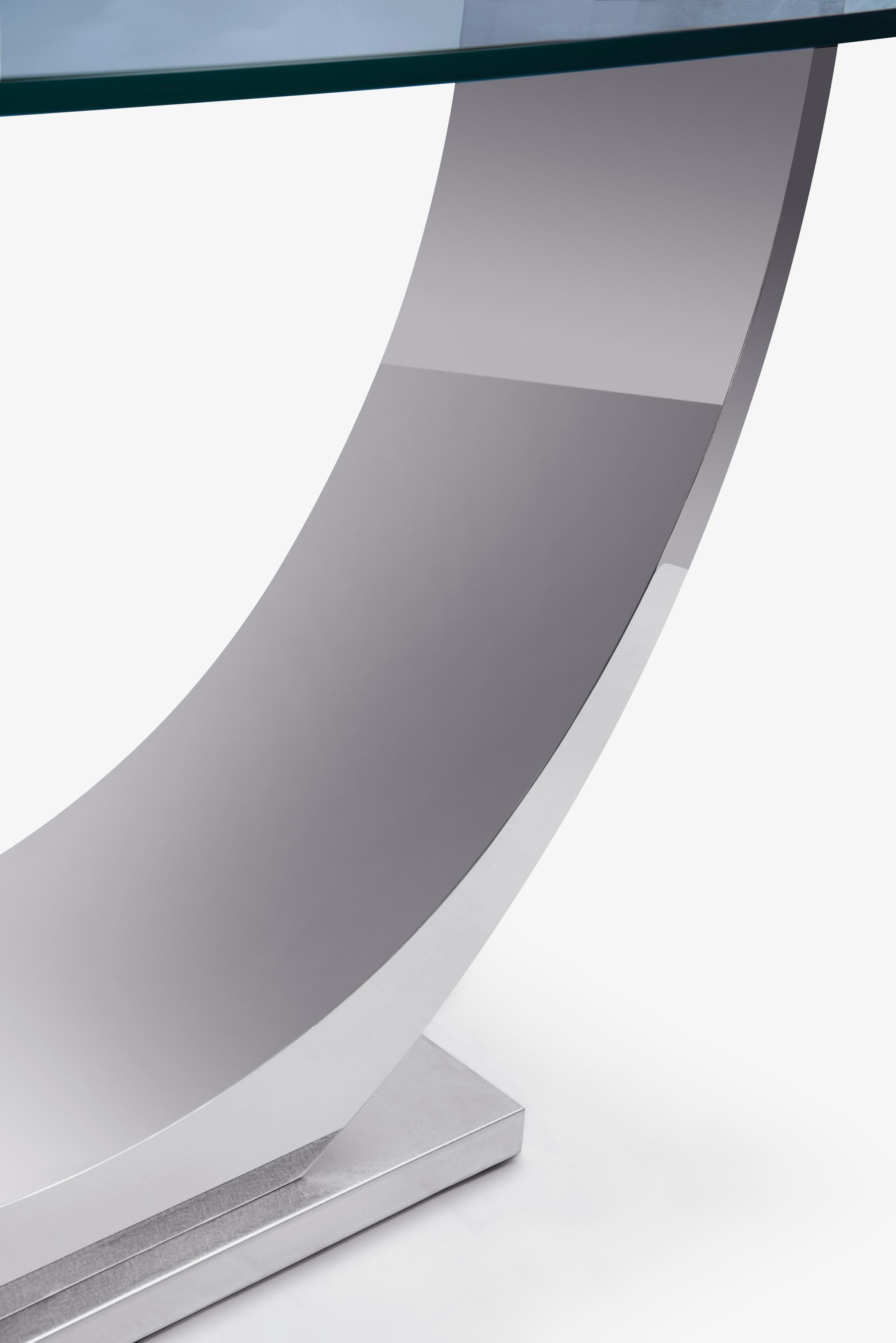 Chinese Modern polished Stainless Steel Console Table Designed by Greg Sheres. In Stock For Sale
