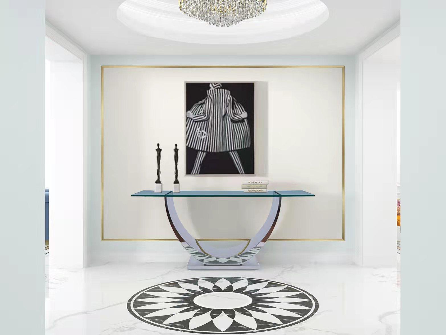 Polished Modern polished Stainless Steel Console Table Designed by Greg Sheres. In Stock For Sale
