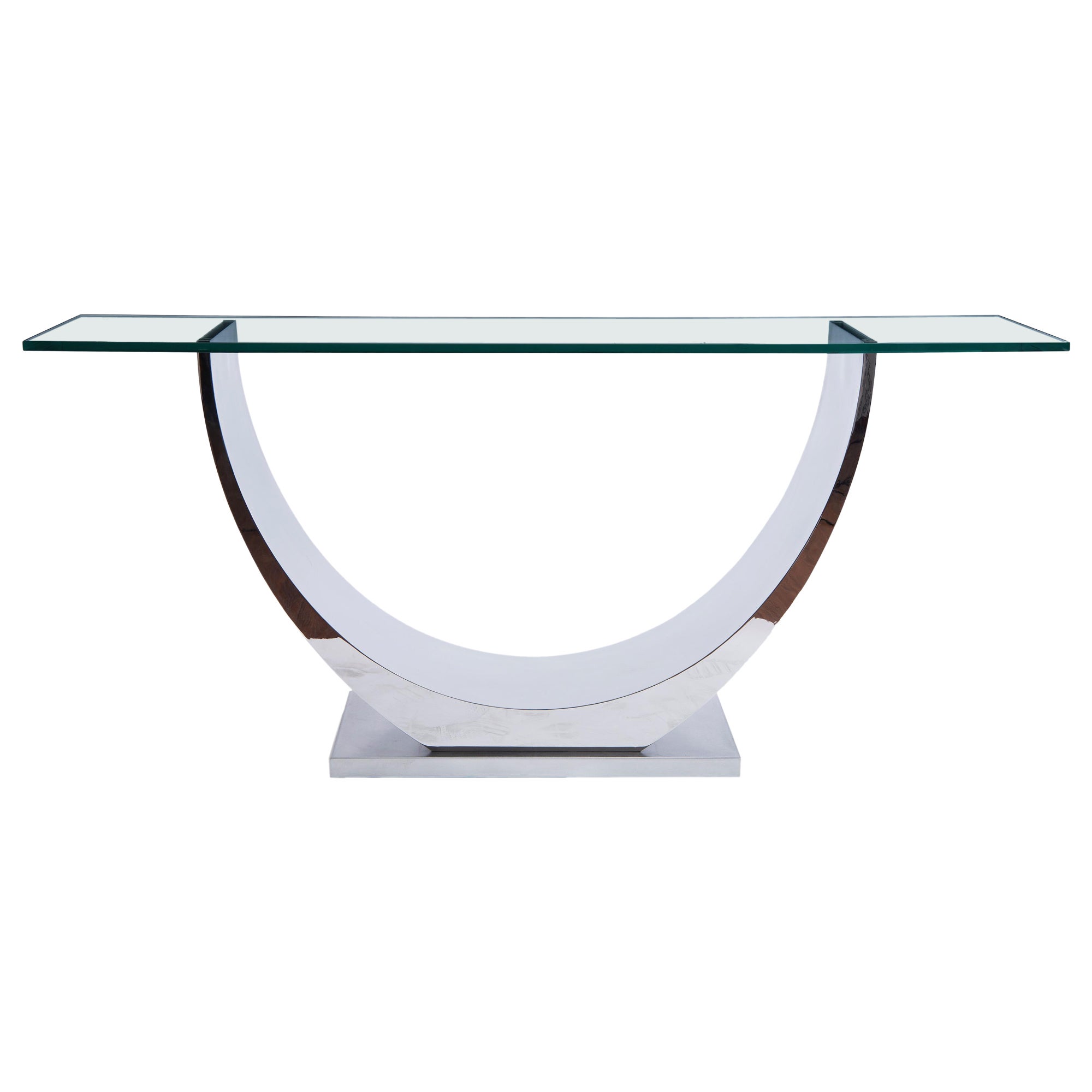 Modern polished Stainless Steel Console Table Designed by Greg Sheres. In Stock