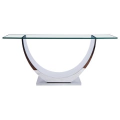 Modern polished Stainless Steel Console Table Designed by Greg Sheres. In Stock