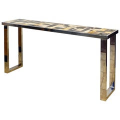 Modern Polished Stainless Steel Console Table with Top of Petrified Wood Mosaic