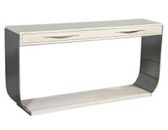 Modern Polished Stainless Steel White Oak Console Table