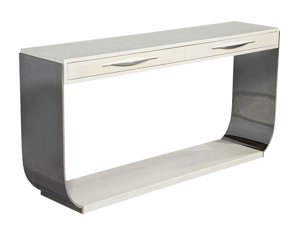 American Modern Polished Stainless Steel White Oak Console Table