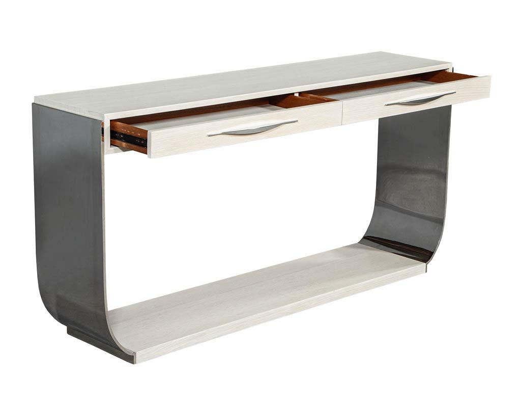 Modern Polished Stainless Steel White Oak Console Table In Excellent Condition In North York, ON