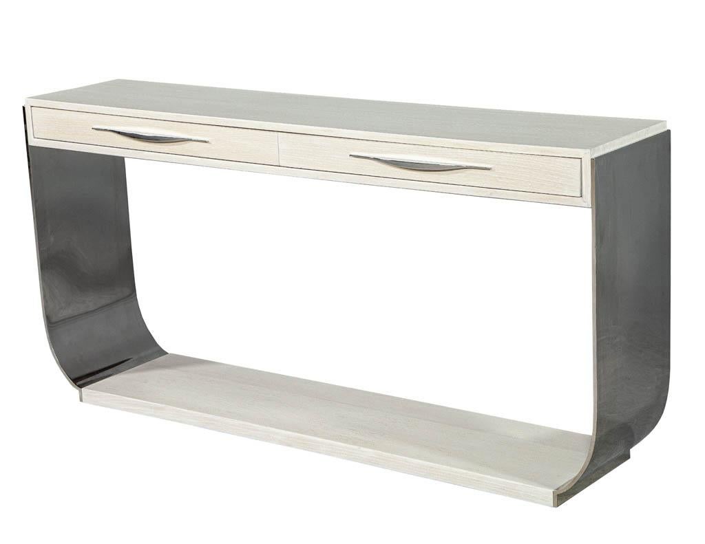 Modern Polished Stainless Steel White Oak Console Table 3