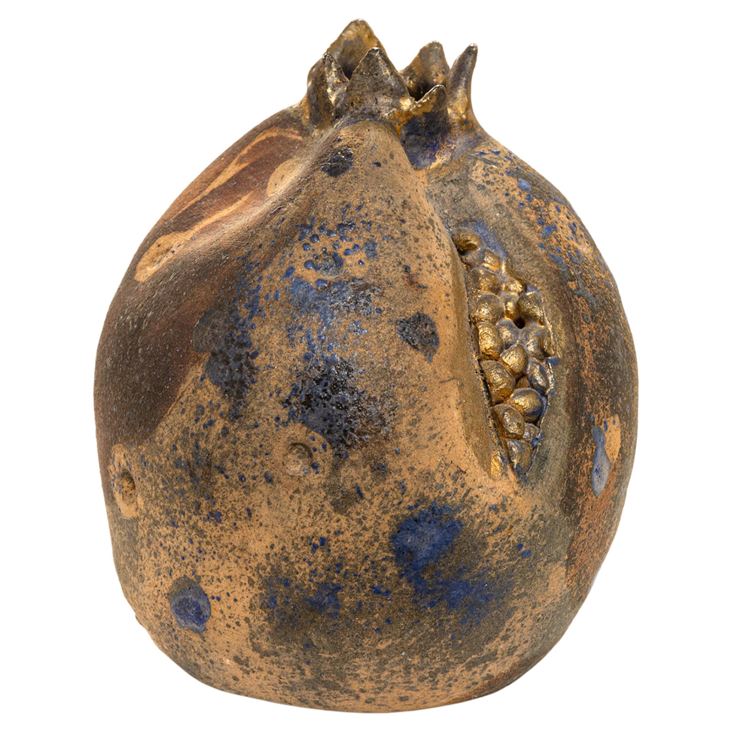 Modern Pomegranate Raku Ceramic Sculpture with Blue and Gold Glaze Signed