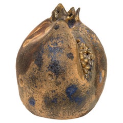Vintage Modern Pomegranate Raku Ceramic Sculpture with Blue and Gold Glaze Signed