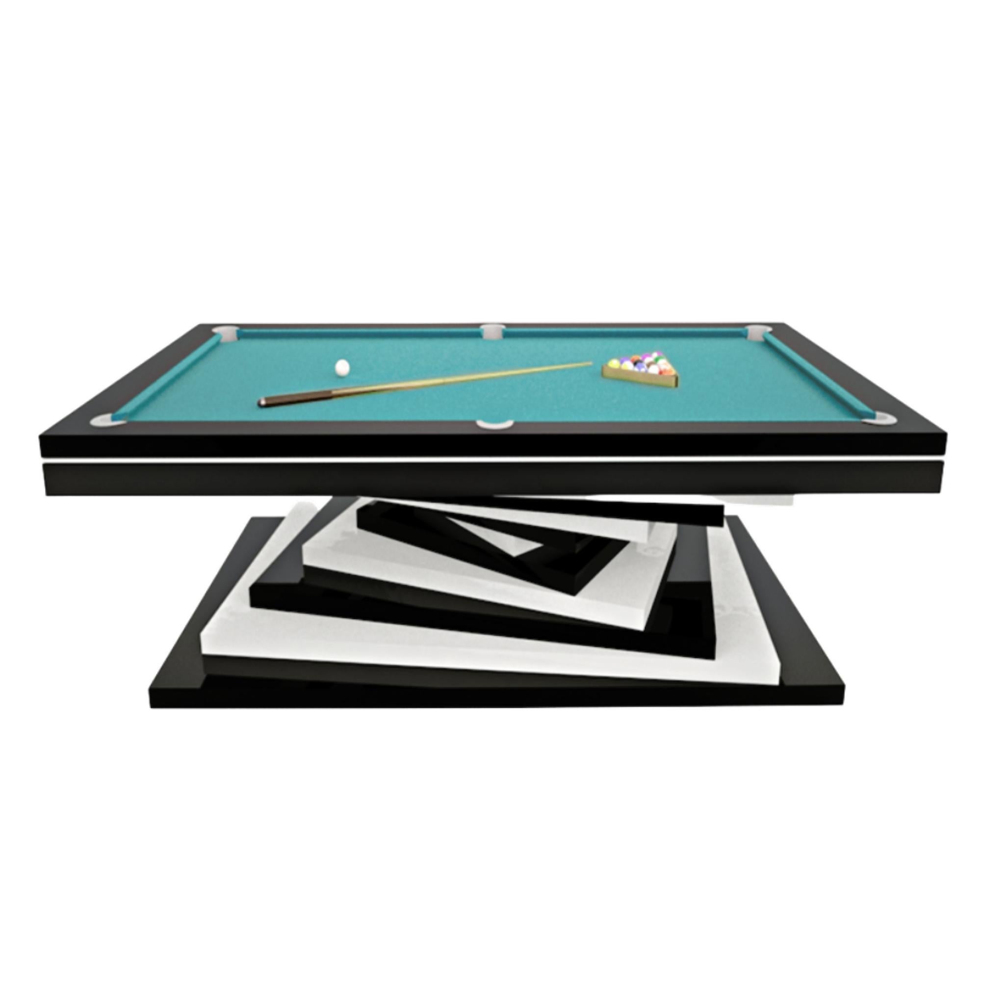 Modern Pool Tables White and Black Geometric Design Lacquer Solid Oak, Red Felt For Sale 1