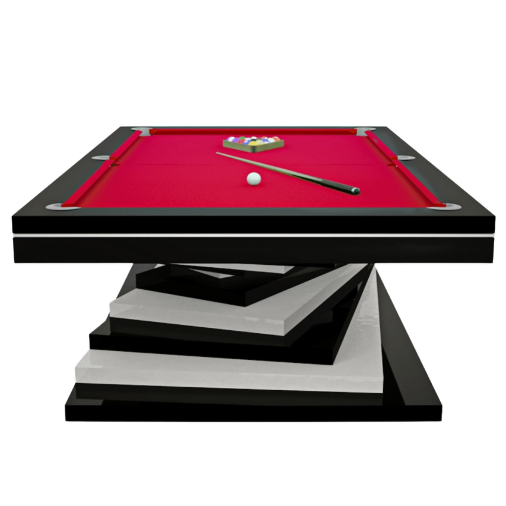 Modern Pool Tables White and Black Geometric Design Lacquer Solid Oak, Red Felt For Sale 4