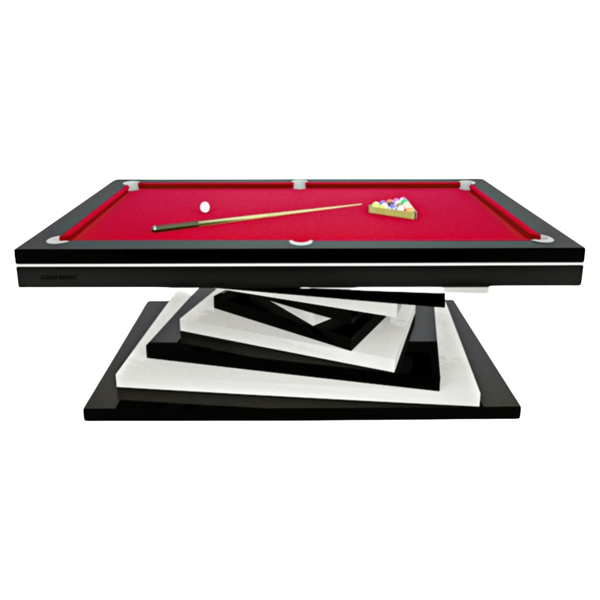 Modern Pool Tables White and Black Geometric Design Lacquer Solid Oak, Red Felt For Sale