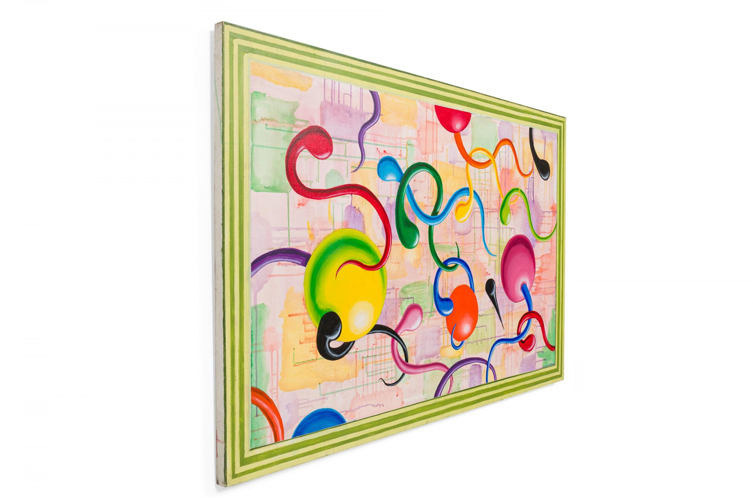 Copia di un dipinto astratto in stile Pop moderno nei colori rosso, verde, blu, giallo e nero.  su uno sfondo a quadri.

Condit: Buono; Usura coerente con l'età e l'utilizzo
