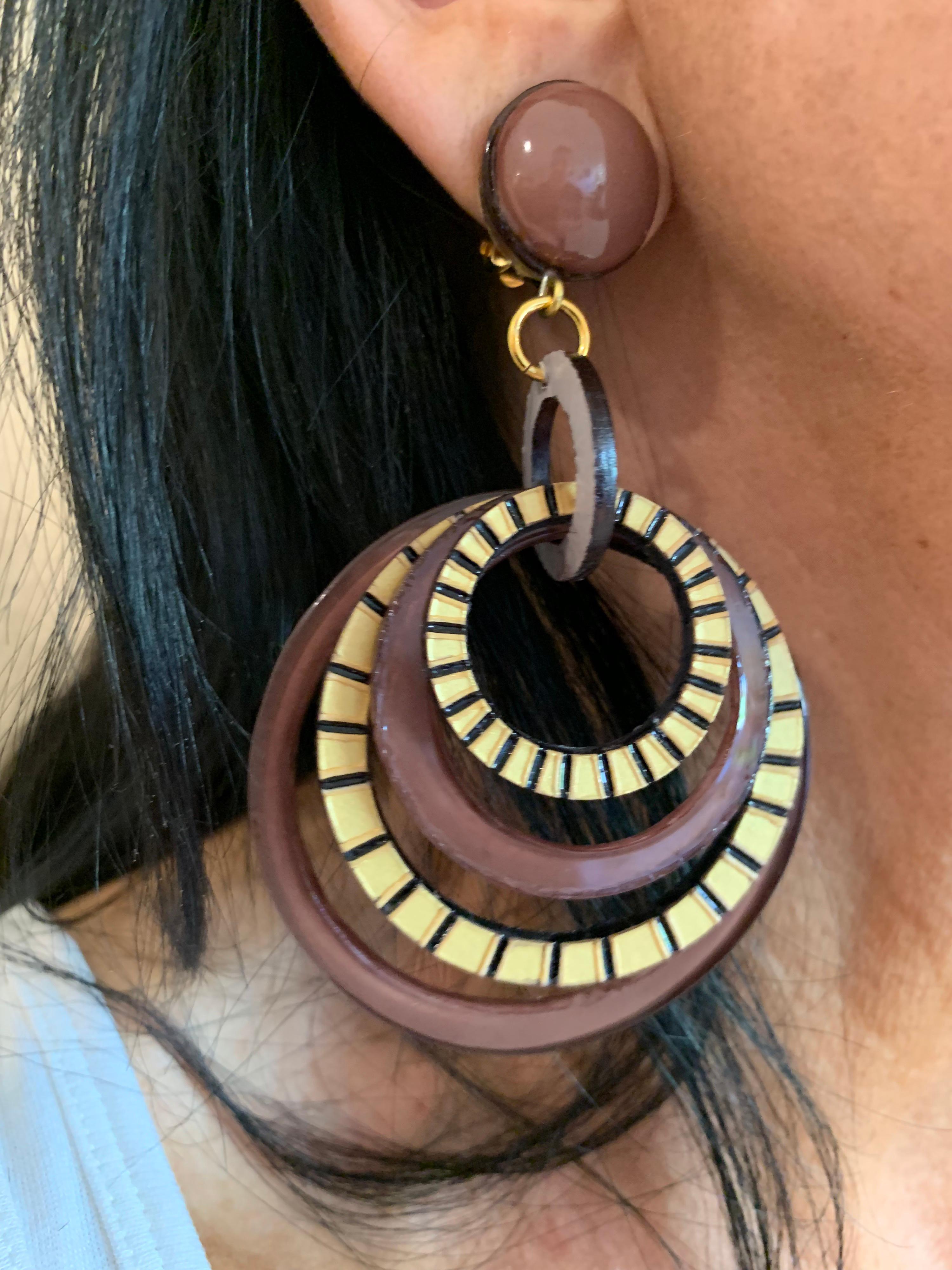 Contemporary Modern Architectural Brown Hoop Statement Earrings