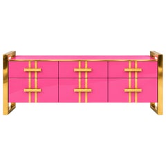 Modern Pop Pink Glass Sideboard with Drawers and Brass Frames, Italy