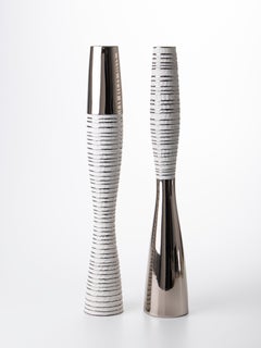 Modern Porcelain Couple Vases Platinum Bottles Ceramic Hand-Carved Italy Fos