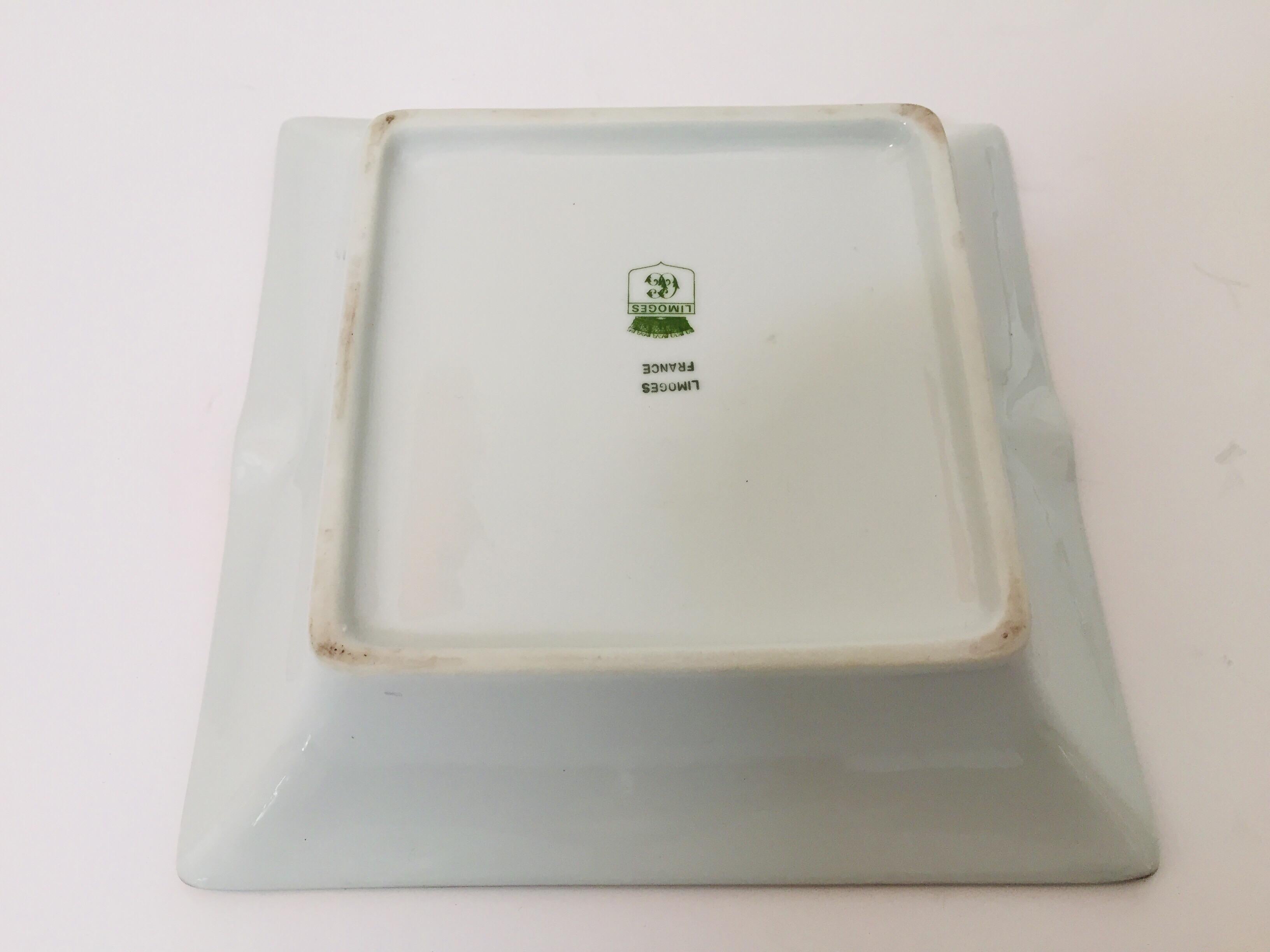 French Bauhaus Porcelain Square Green and Gold  Ashtray Limoges, France