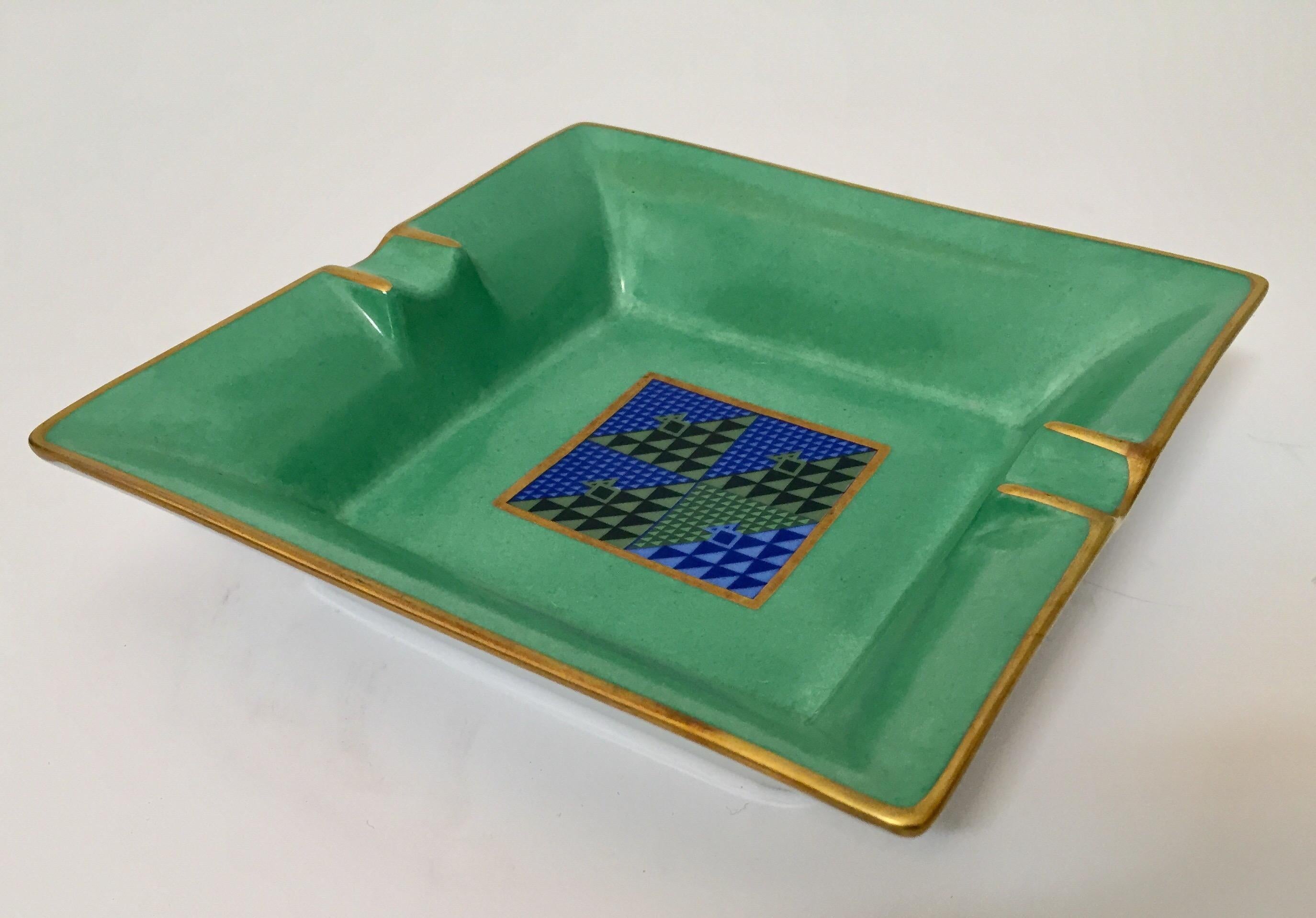 Bauhaus Porcelain Square Green and Gold  Ashtray Limoges, France In Good Condition In North Hollywood, CA