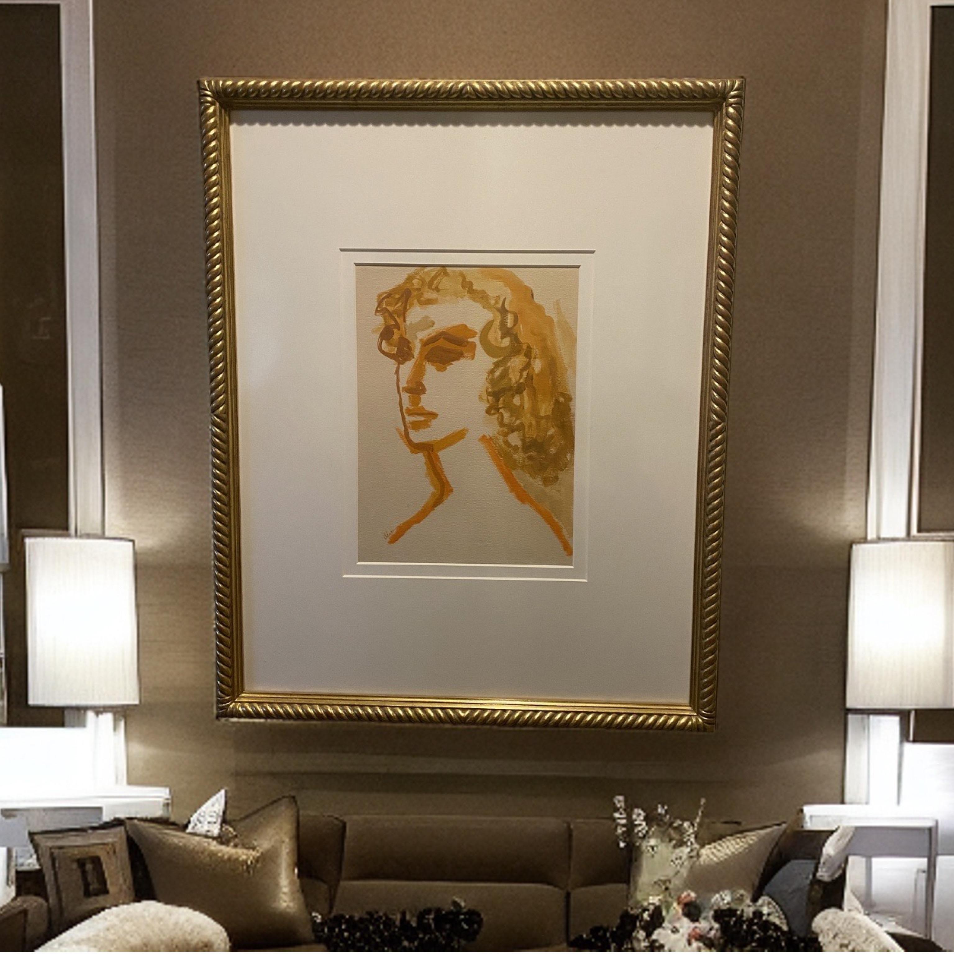 Modern Portrait of a Woman Large Original Painting Gold Leaf Frame Orange Tones For Sale 8