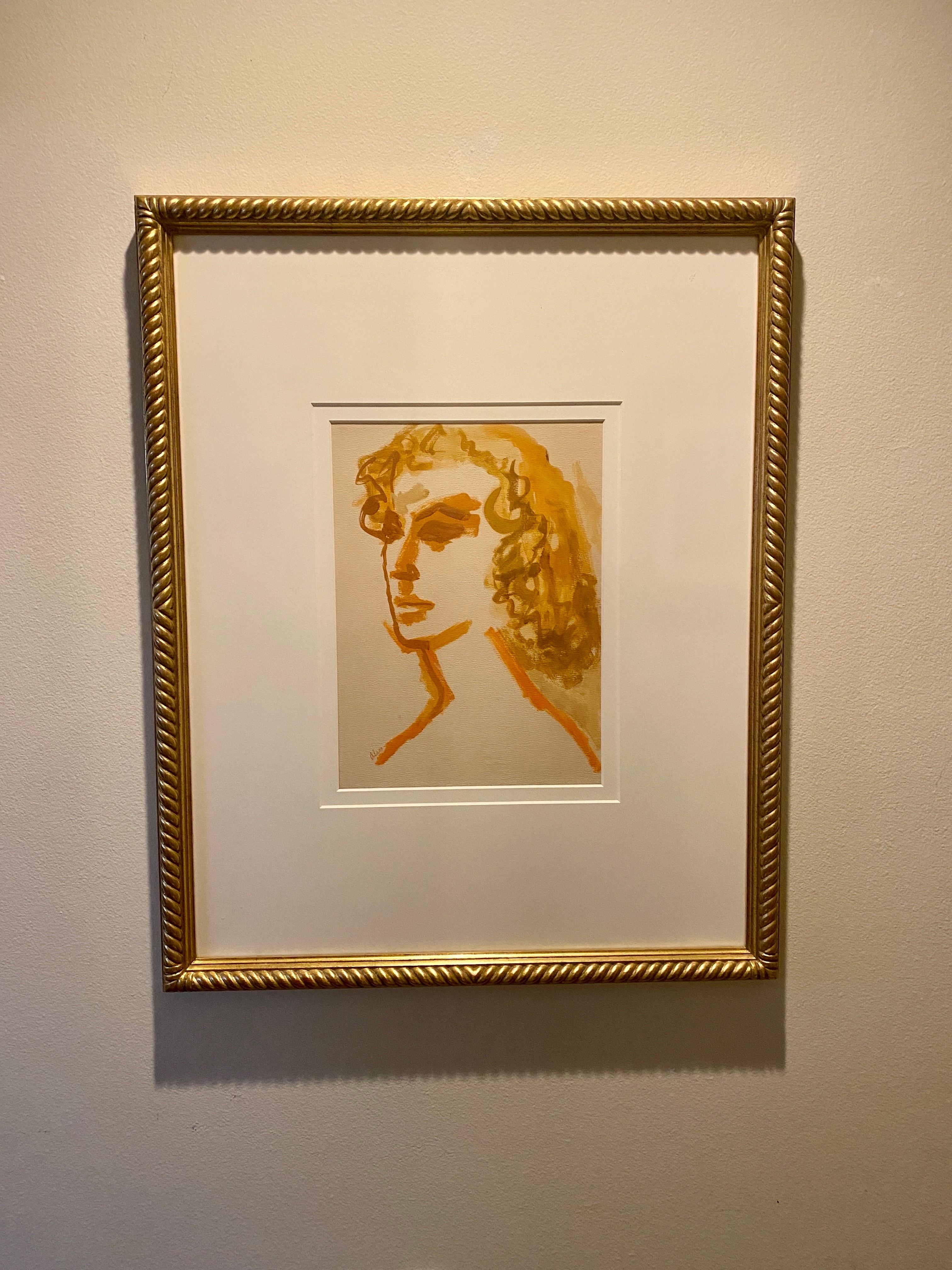 American Modern Portrait of a Woman Large Original Painting Gold Leaf Frame Orange Tones For Sale