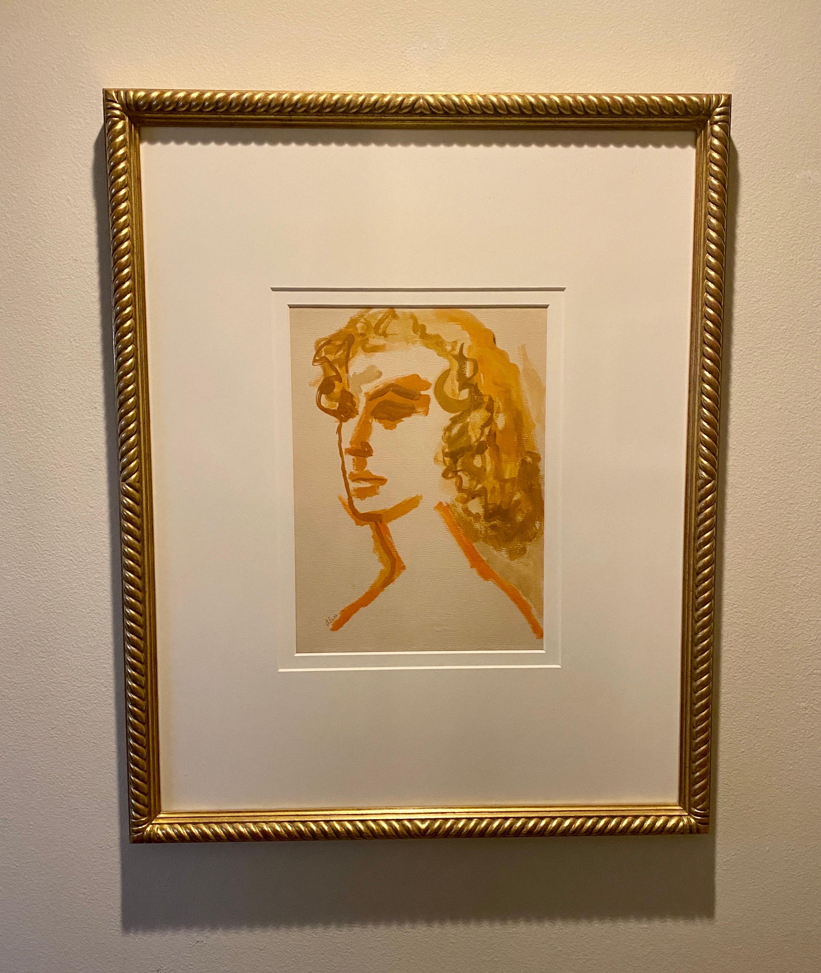Hand-Painted Modern Portrait of a Woman Large Original Painting Gold Leaf Frame Orange Tones For Sale