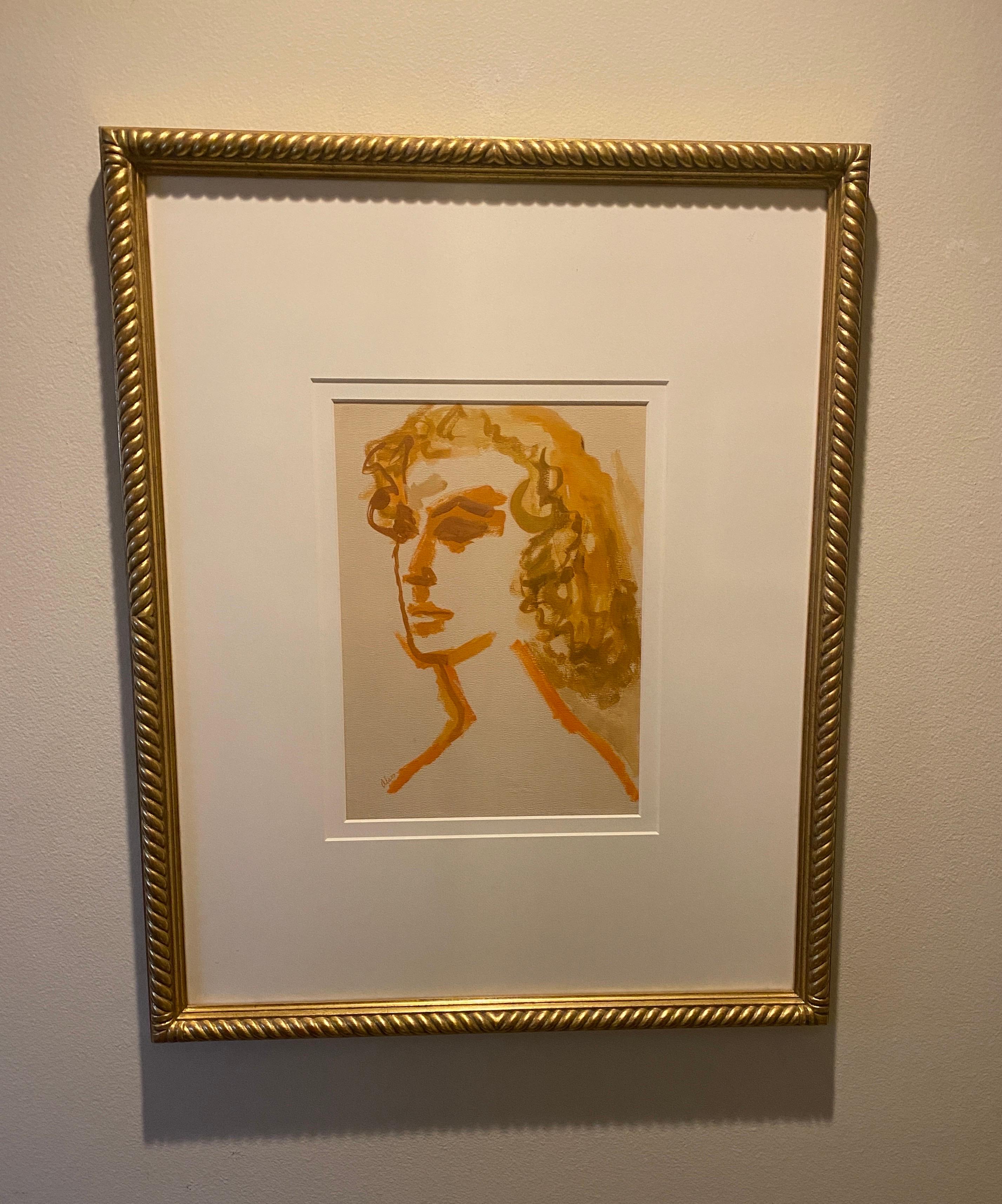 Modern Portrait of a Woman Large Original Painting Gold Leaf Frame Orange Tones In Good Condition For Sale In Palm Springs, CA