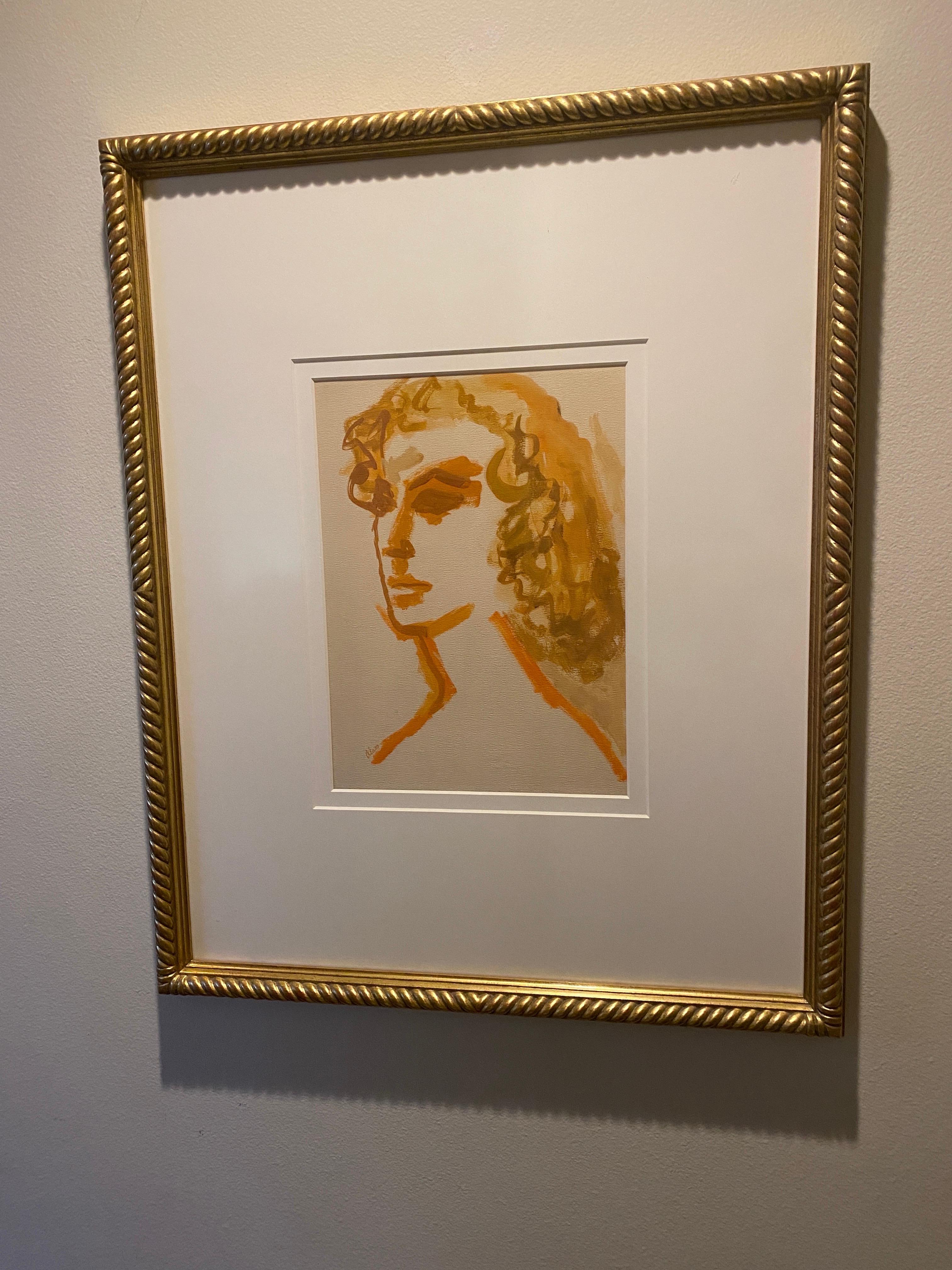 20th Century Modern Portrait of a Woman Large Original Painting Gold Leaf Frame Orange Tones For Sale
