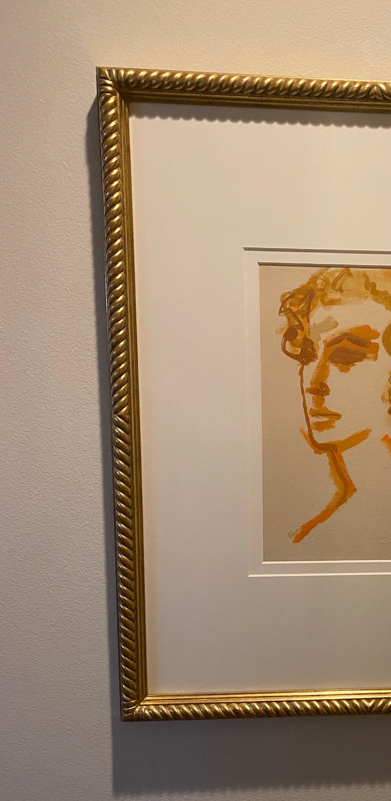 Paper Modern Portrait of a Woman Large Original Painting Gold Leaf Frame Orange Tones For Sale