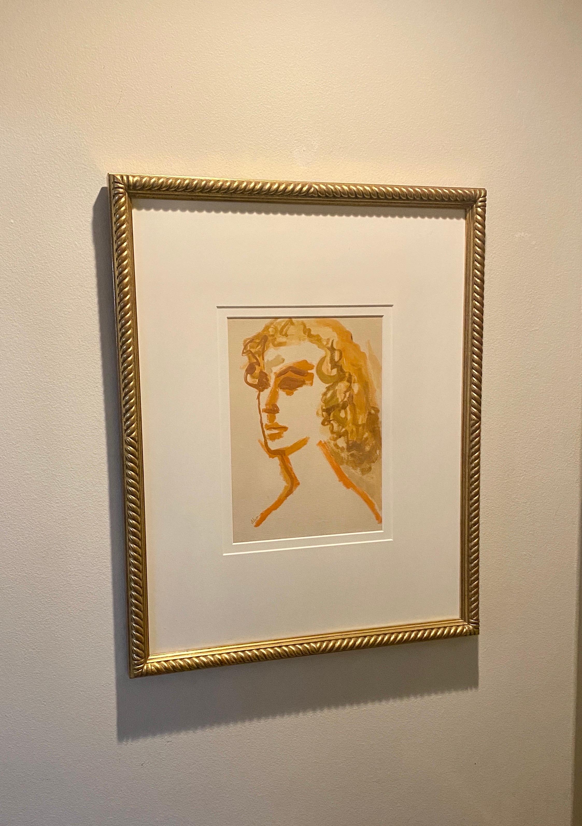 Modern Portrait of a Woman Large Original Painting Gold Leaf Frame Orange Tones For Sale 1