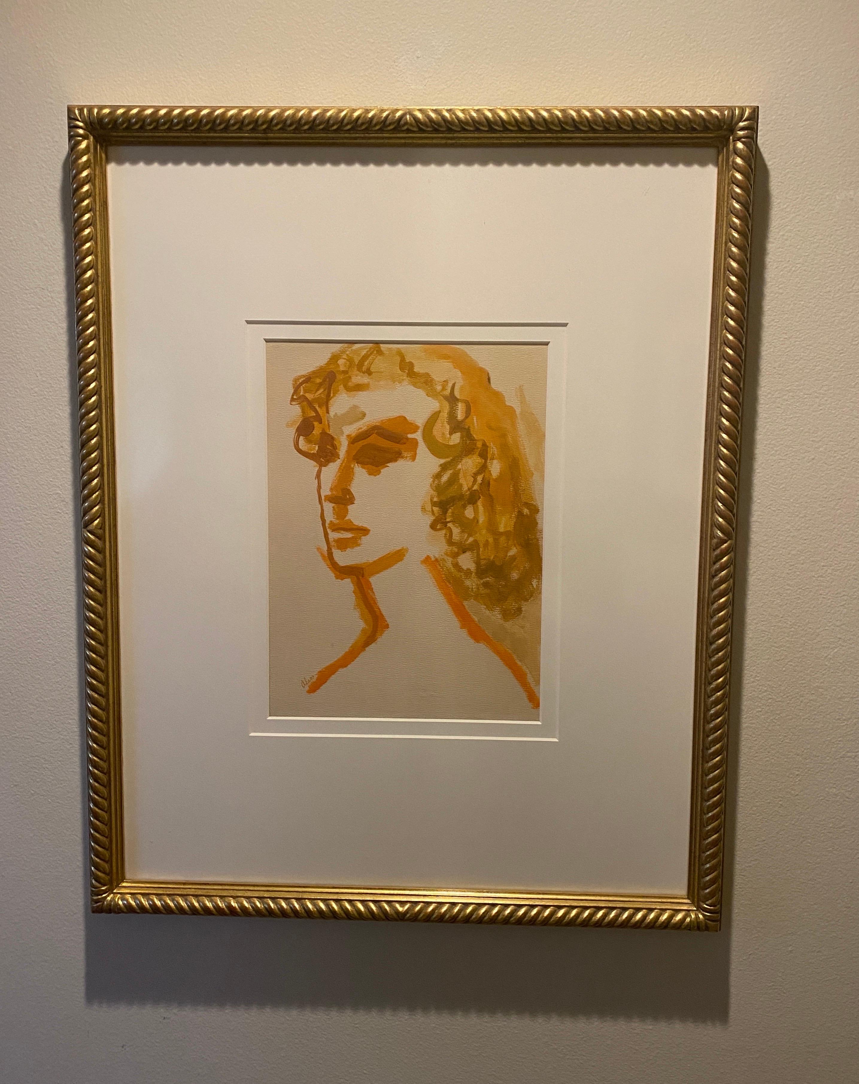 Modern Portrait of a Woman Large Original Painting Gold Leaf Frame Orange Tones For Sale 2